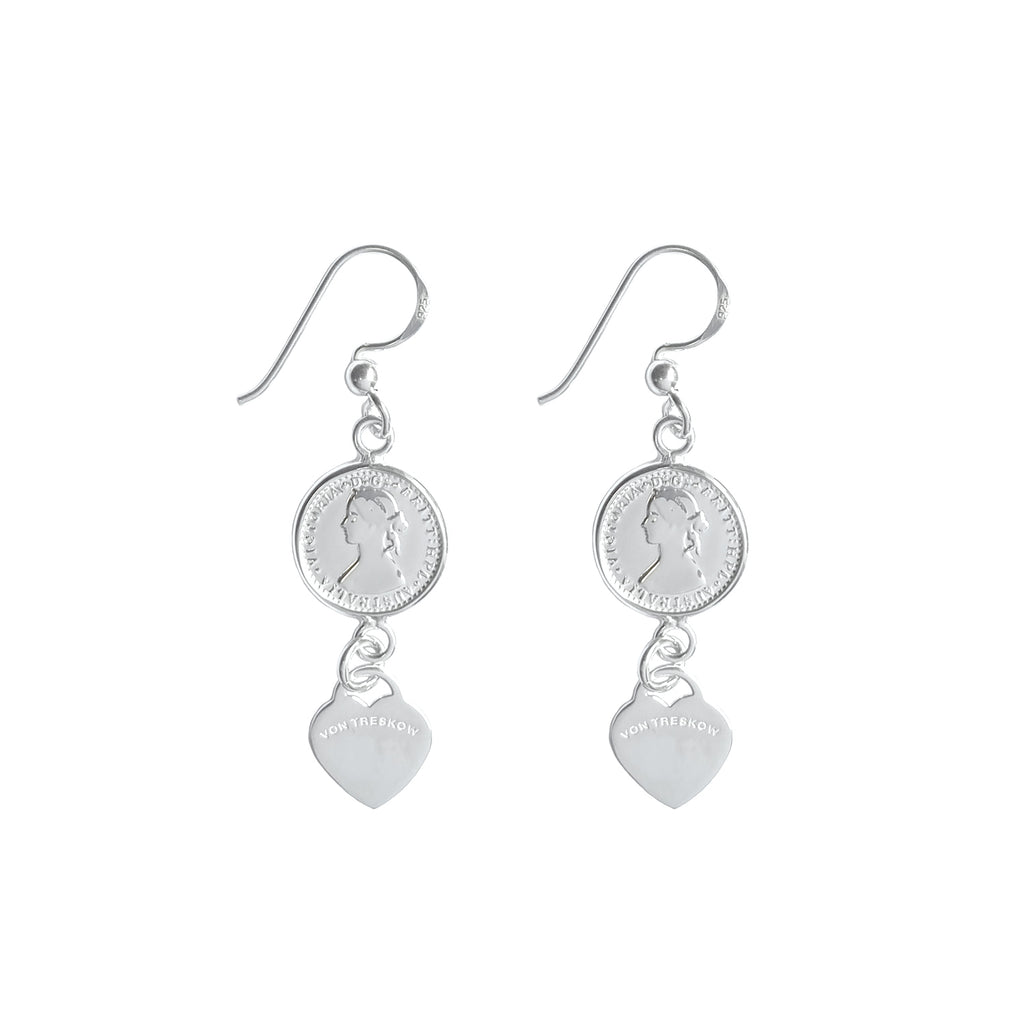 Von Treskow Sterling Silver Coin & Heart Drop Hook Earrings