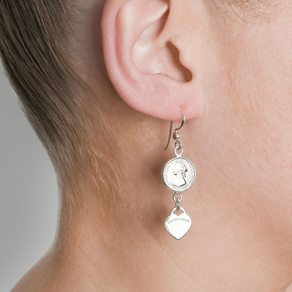 Von Treskow Sterling Silver Coin & Heart Drop Hook Earrings