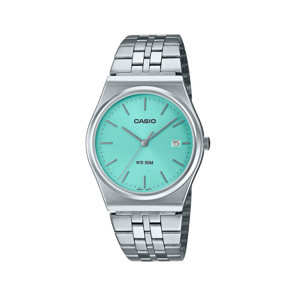 Casio Vintage Stainless Steel Aqua Dial Analogue Watch MTPB1