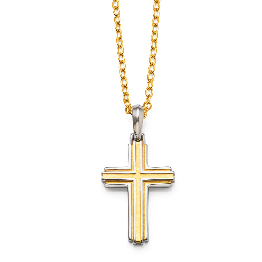 Stainless Steel Gold 2-Tone Cross Pendant On 55cm Chain