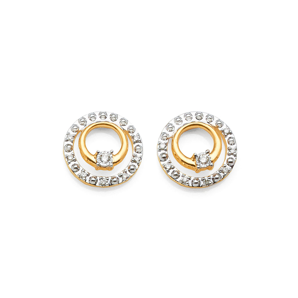 9ct Yellow Gold Diamond 8mm Double Open Circle Stud Earrings