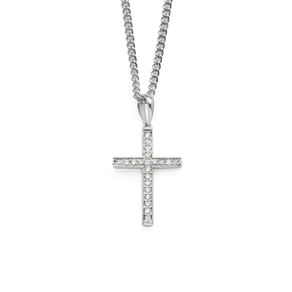 9ct White Gold Diamond Grain Set Cross Pendant TDW 0.06CT