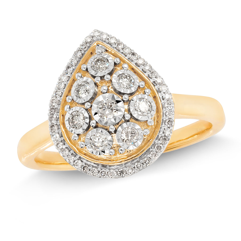 9ct Yellow Gold Pear Shaped Illusion Set Diamond Halo Ring T