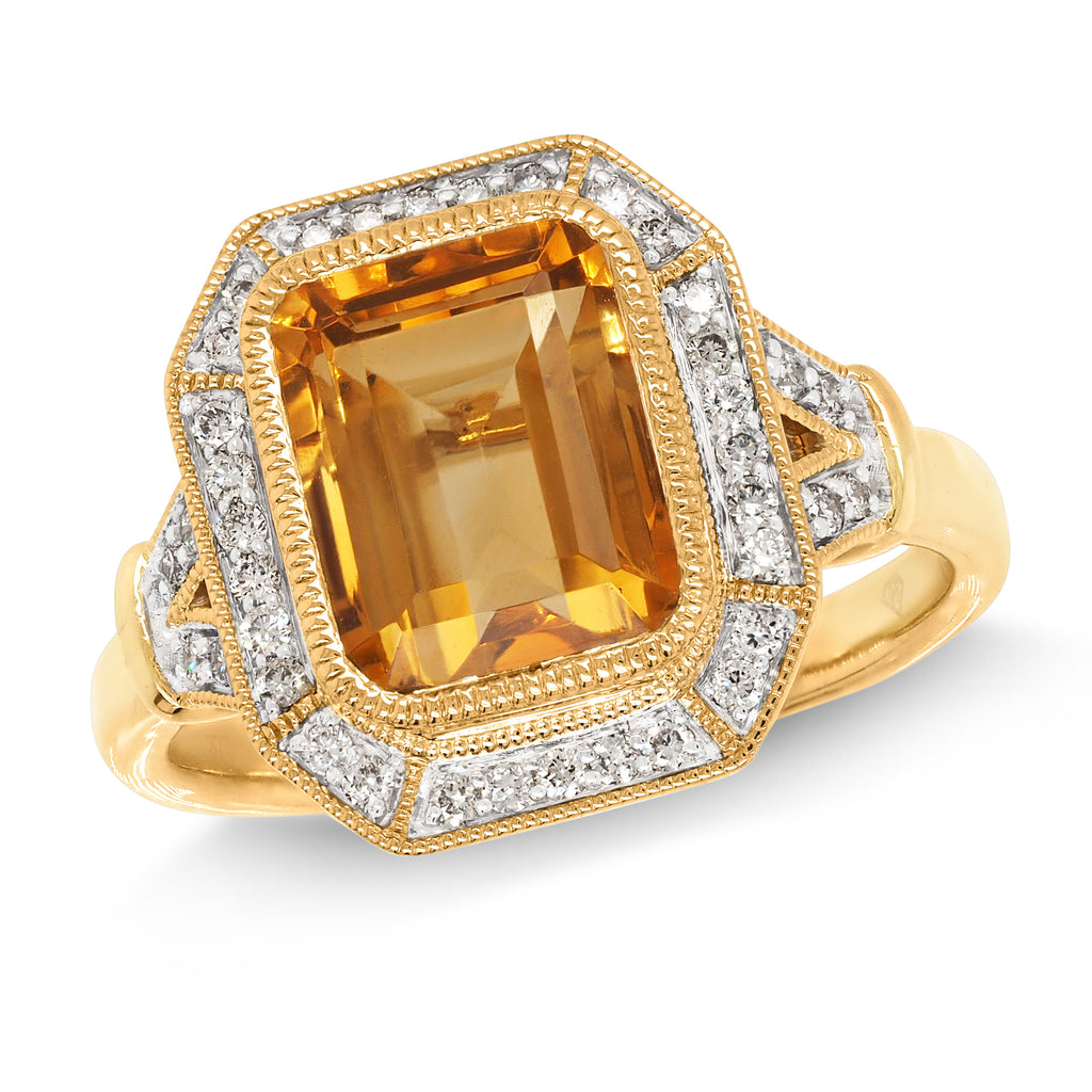 9ct Yellow Gold Emerald Cut Citrine & Diamond Halo Ring TDW