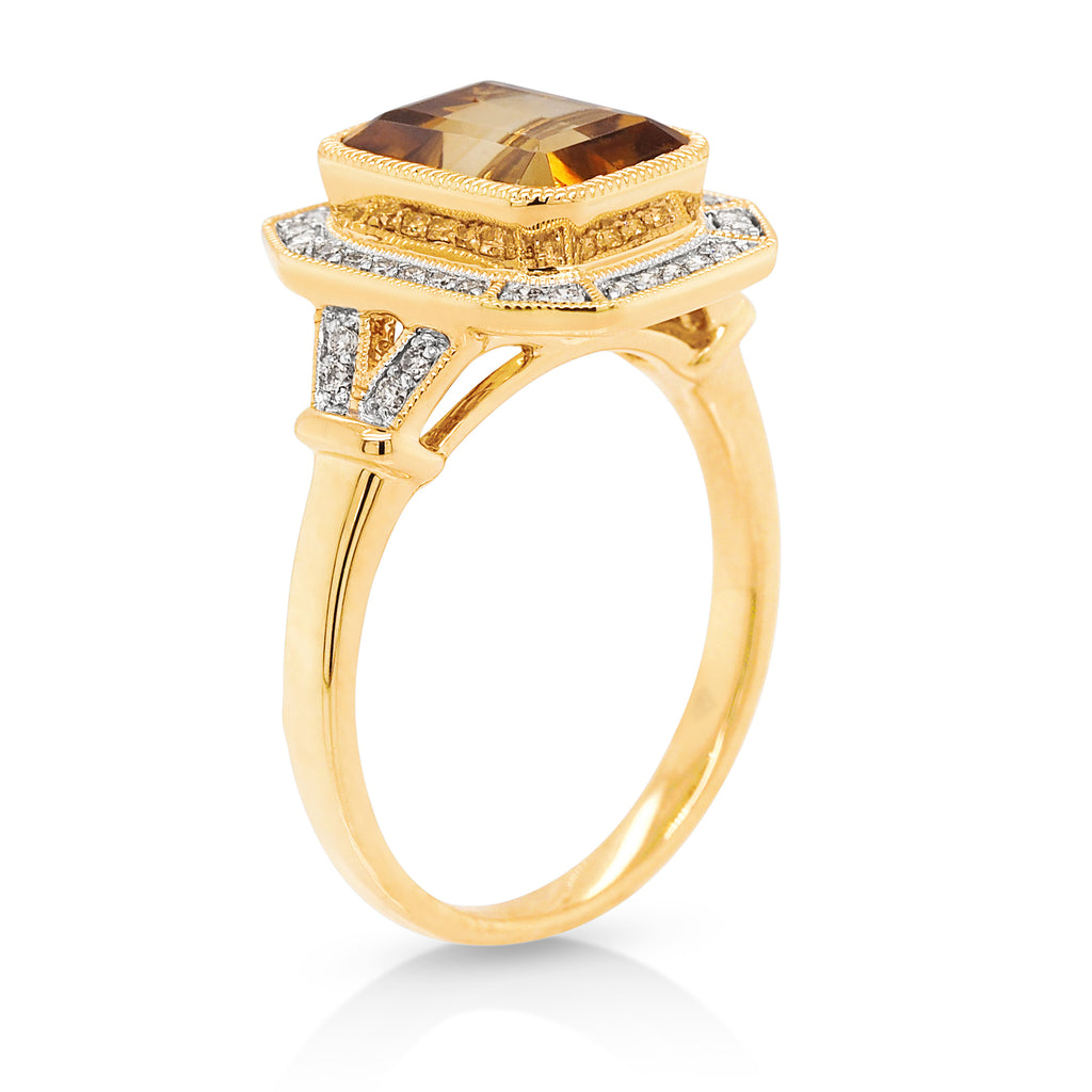 9ct Yellow Gold Emerald Cut Citrine & Diamond Halo Ring TDW