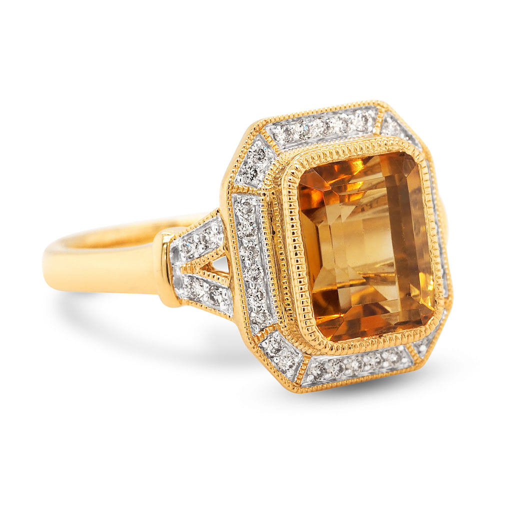 9ct Yellow Gold Emerald Cut Citrine & Diamond Halo Ring TDW