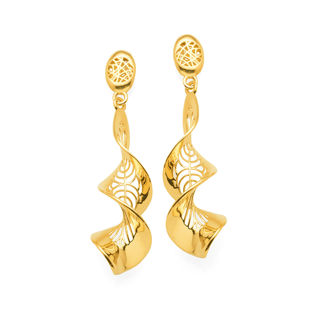 9ct Yellow Gold Twisted Leaf Drop Stud Earrings