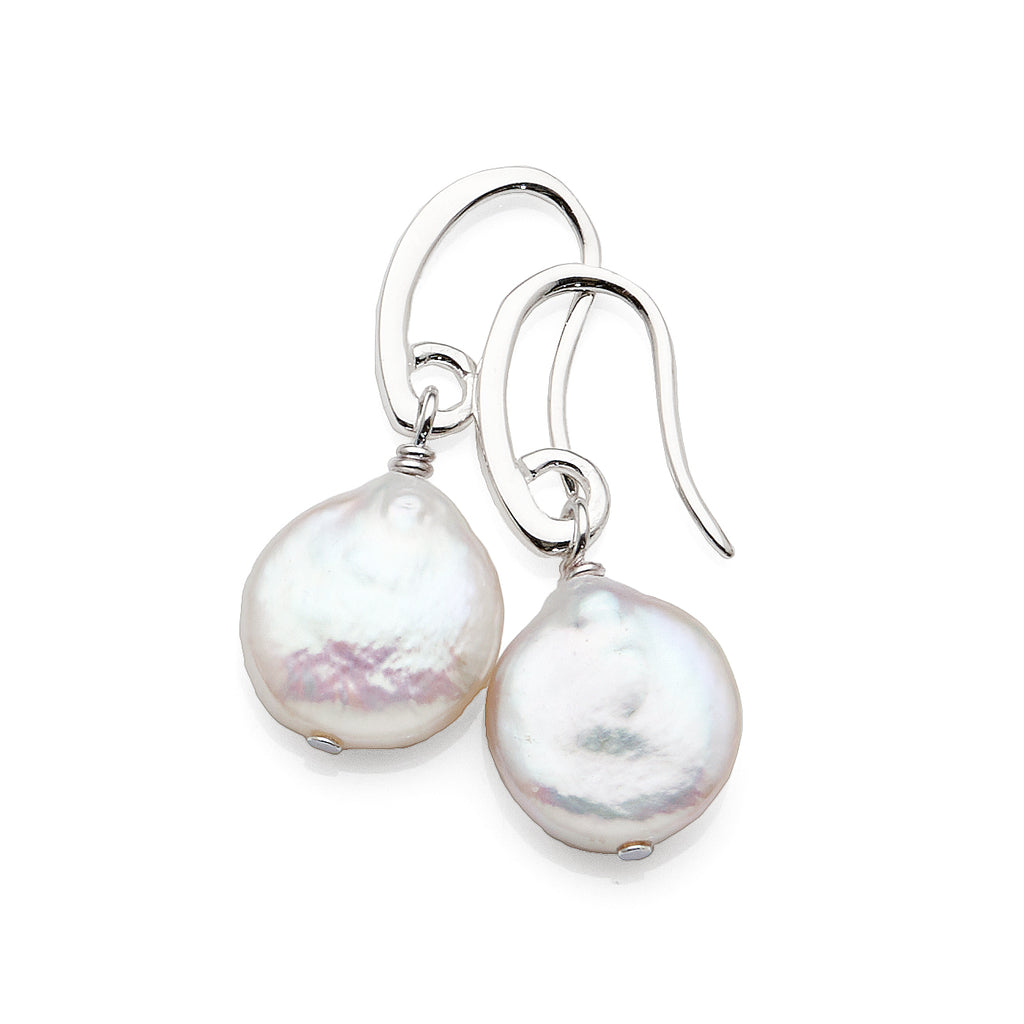 Sterling Silver Freshwater Pearl Disc Drop Hook Earrings