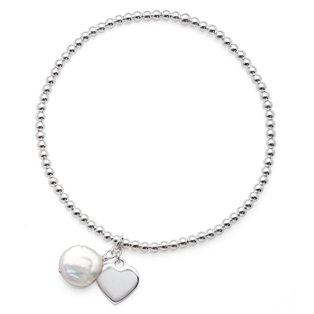Sterling Silver Pearl & Heart Charm Stretch Ball Bracelet