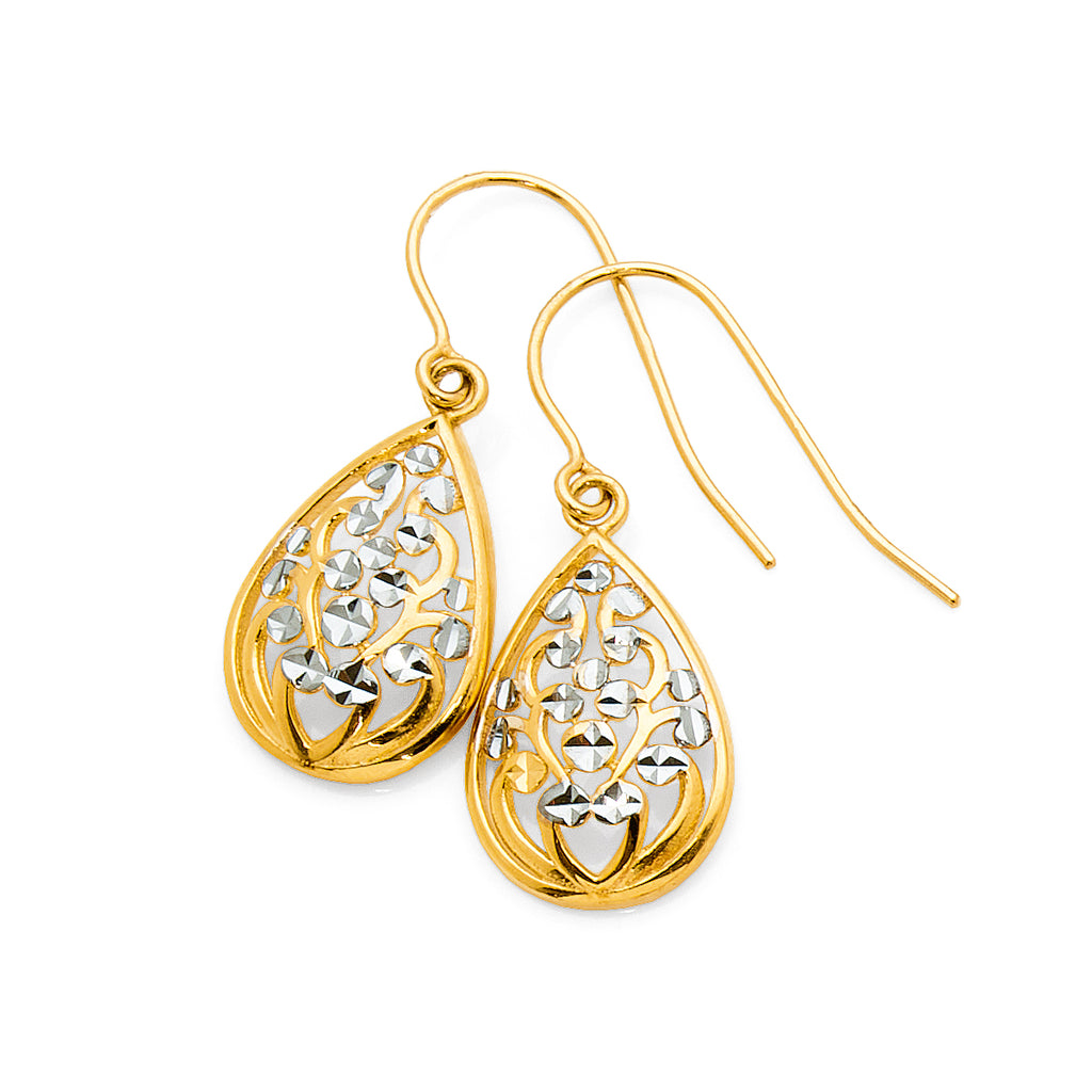 9ct Gold 2-Tone Pear Shaped Swirl Pattern Hook Earrings