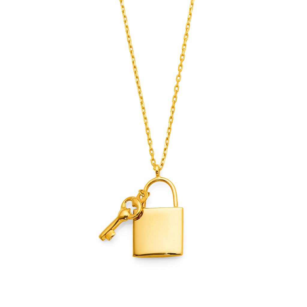 9ct Yellow Gold Padlock & Key Pendant on 45cm Cable Chain