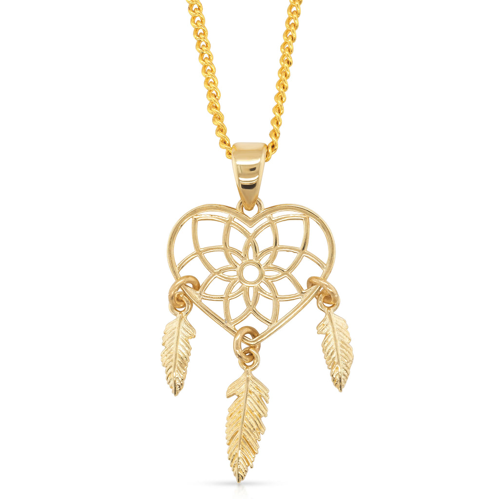 9ct Yellow Gold Heart & Feather Dreamcatcher Pendant