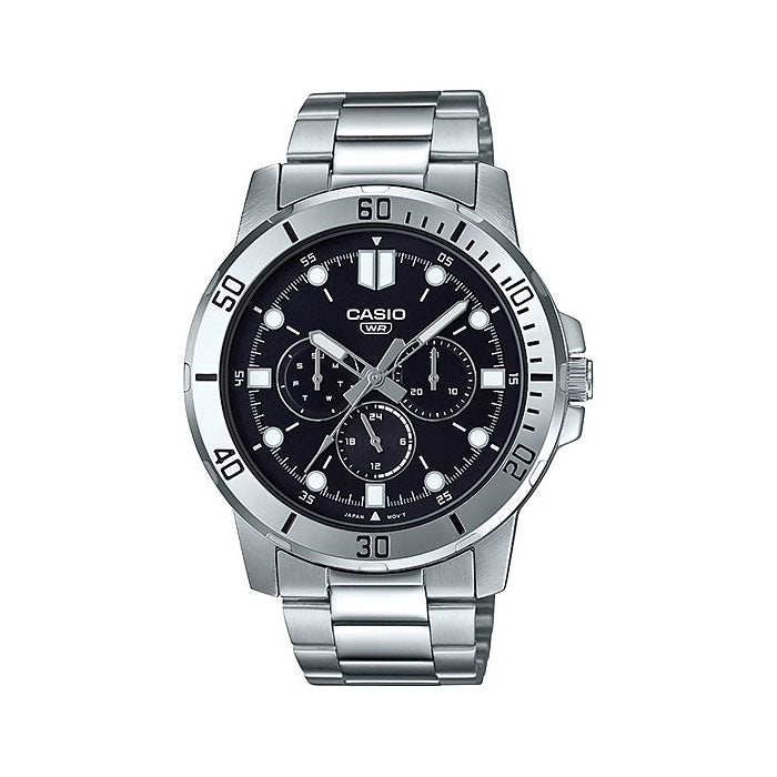 Casio Multi-Function Stainless Steel Black Dial Watch MTPVD3