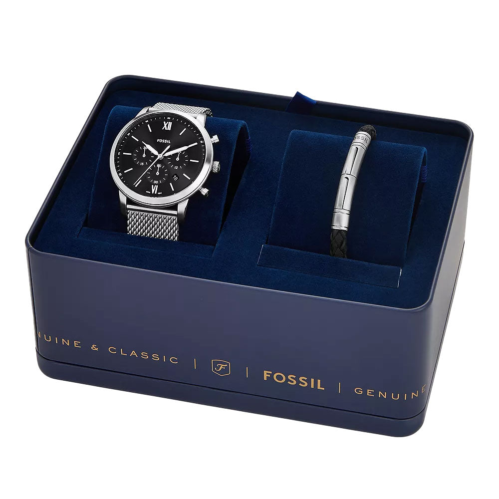 Fossil Neutra Chronograph Mesh Watch & Leather Bracelet Set