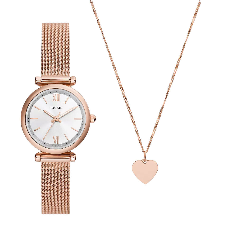 Fossil Carlie Rose Tone Mesh Strap Watch & Necklace Box Set