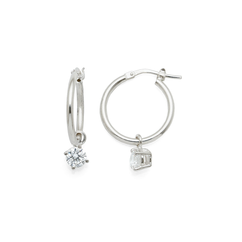 Sterling Silver 15mm Hanging Cubic Zirconia Hoop Earrings