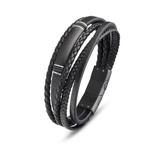 Black Leather & Stainless Steel Multi-Strand 22cm Bracelet