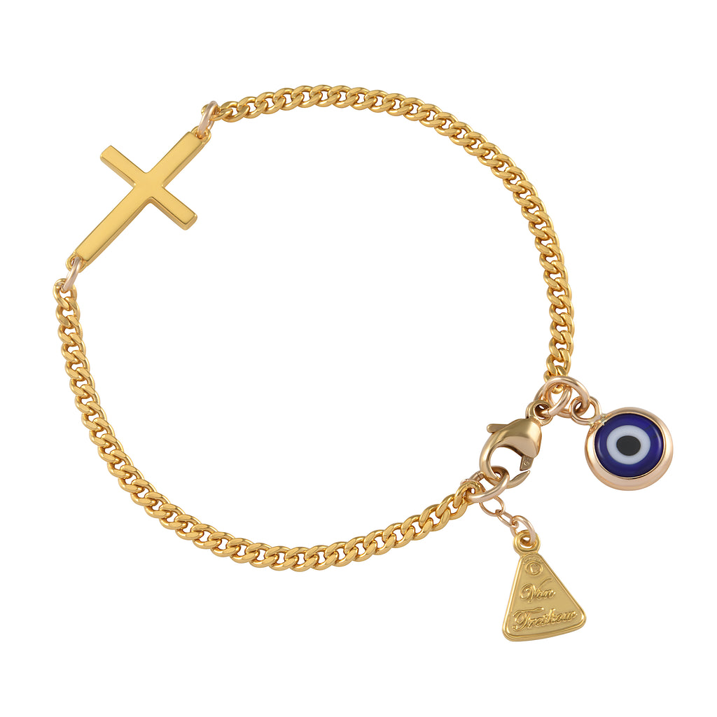 Von Treskow Gold Tone Cross & Evil Eye Curb Chain Bracelet I