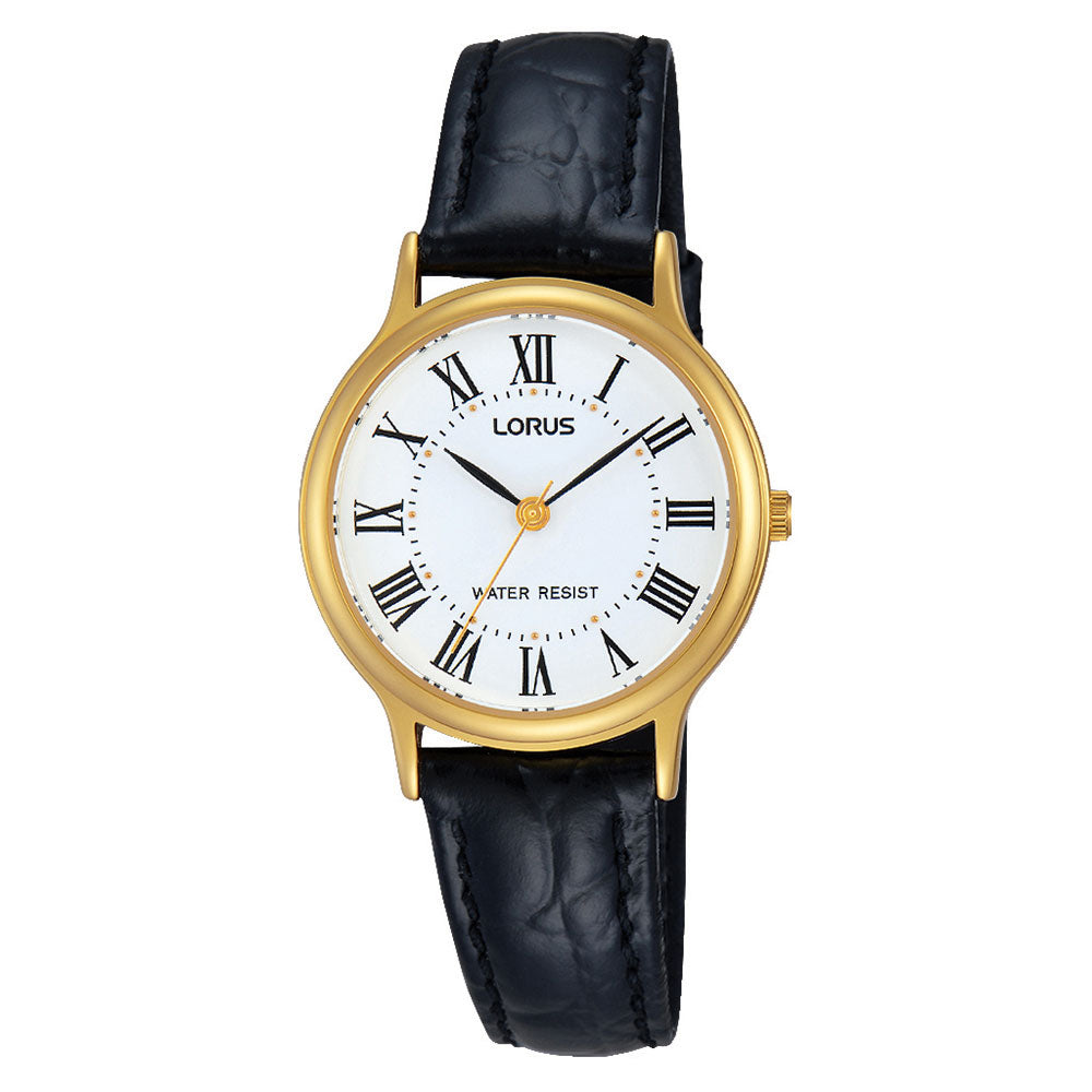 Lorus Gold-Tone Black Leather Strap White Dial Watch RRX22HX