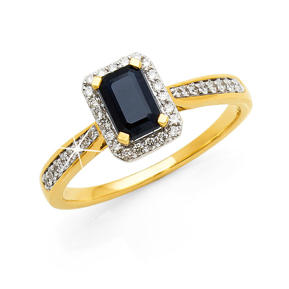 9ct Yellow Gold Rectangle Sapphire & Diamond Halo Ring