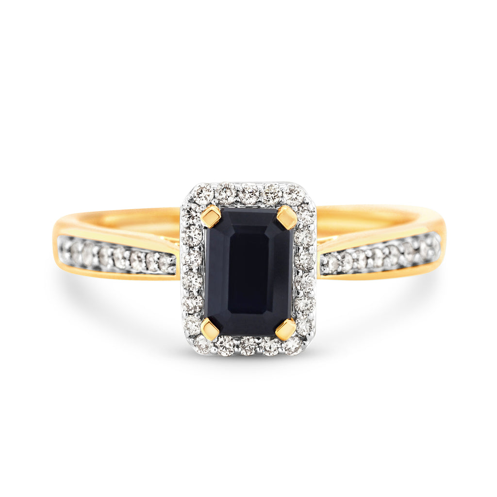 9ct Yellow Gold Rectangle Sapphire & Diamond Halo Ring