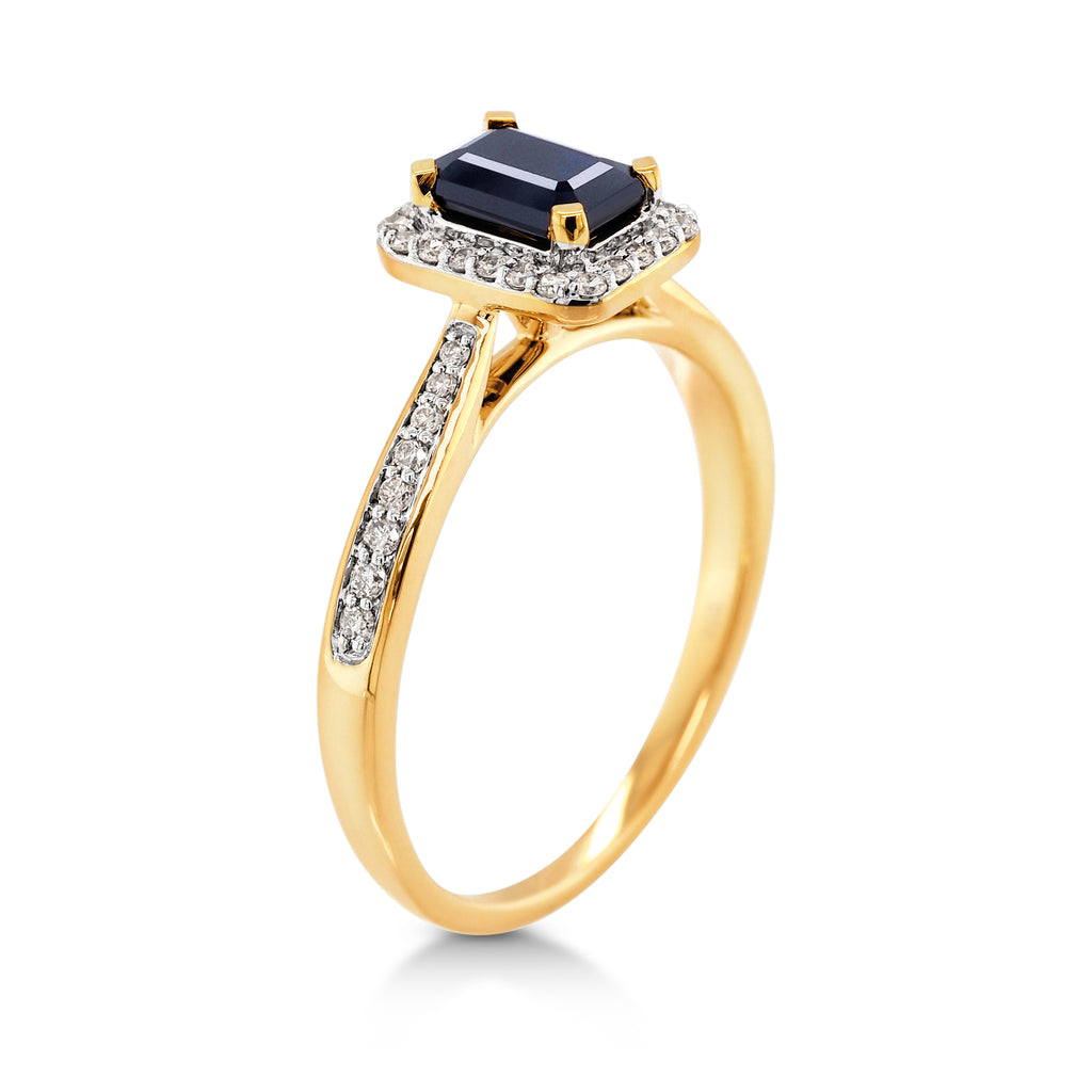 9ct Yellow Gold Rectangle Sapphire & Diamond Halo Ring