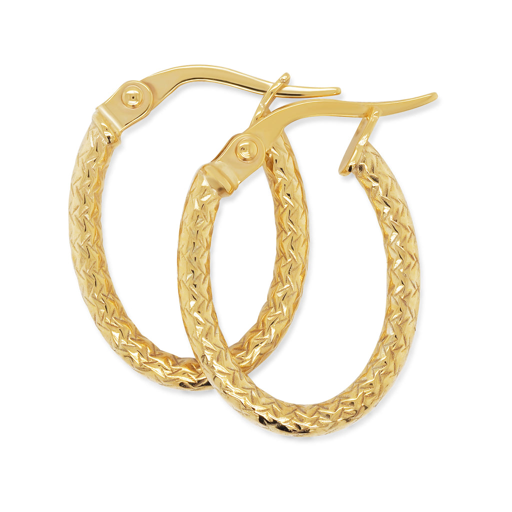 9ct Yellow Gold Patterned 15mm Oval Hoop Earrings