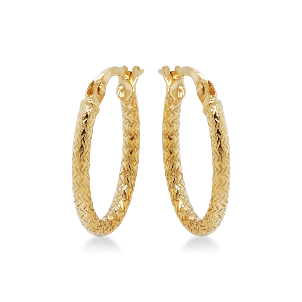 9ct Yellow Gold Patterned 15mm Oval Hoop Earrings