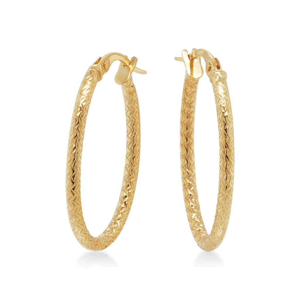 9ct Yellow Gold Patterned 23mm Oval Hoop Earrings