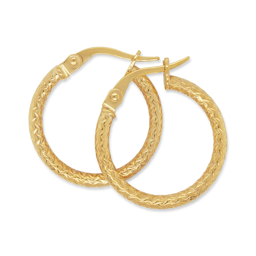 9ct Yellow Gold Patterned 15mm Round Hoop Earrings