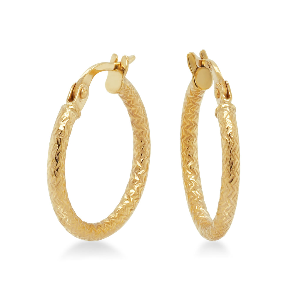 9ct Yellow Gold Patterned 15mm Round Hoop Earrings