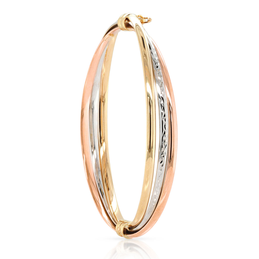 9ct 3-Tone Gold Oval Hinged Crossover Bangle