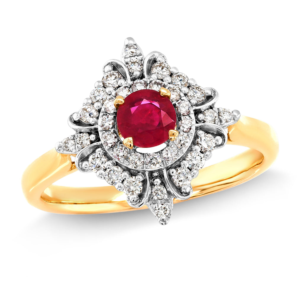 18ct Yellow Gold Round Natural Ruby & Diamond Halo Ring TDW