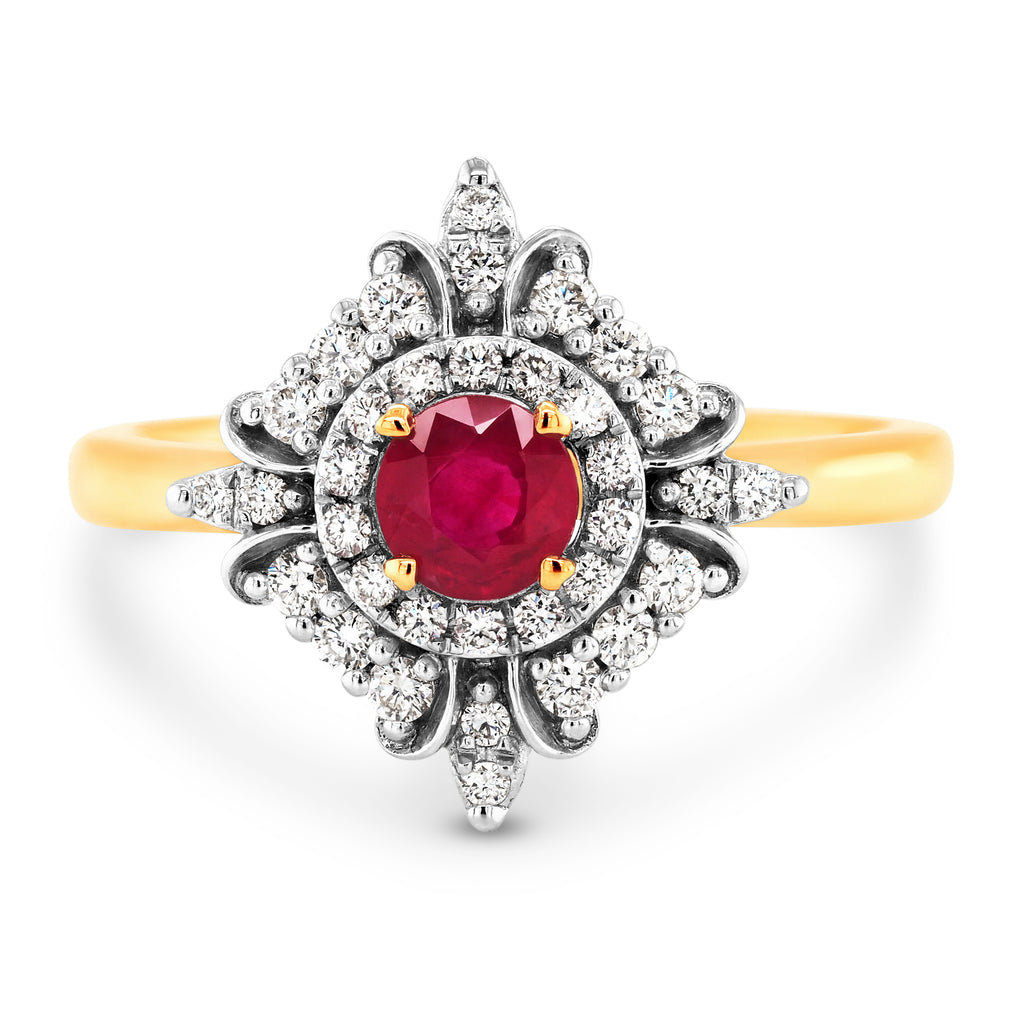 18ct Yellow Gold Round Natural Ruby & Diamond Halo Ring TDW