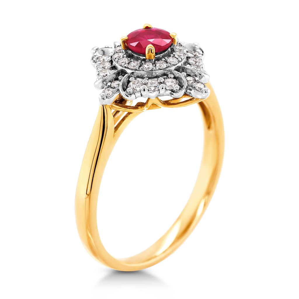 18ct Yellow Gold Round Natural Ruby & Diamond Halo Ring TDW