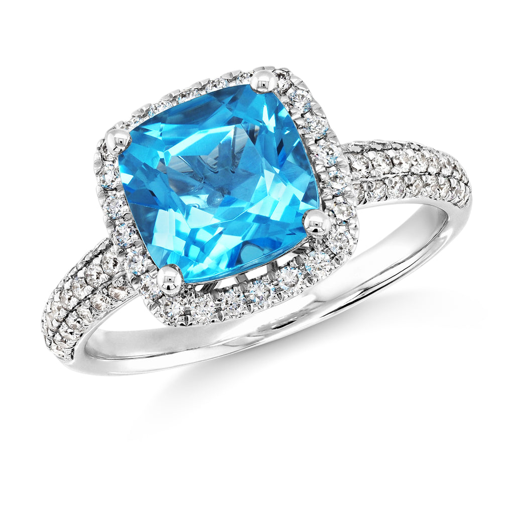 18ct White Gold Cushion Cut Blue Topaz & Diamond Halo Ring T