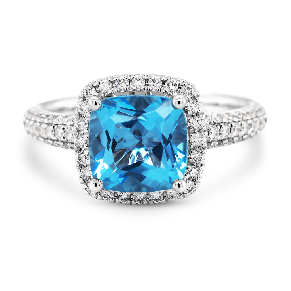 18ct White Gold Cushion Cut Blue Topaz & Diamond Halo Ring T