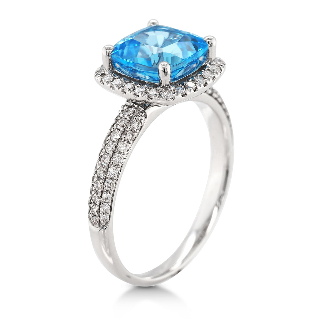 18ct White Gold Cushion Cut Blue Topaz & Diamond Halo Ring T