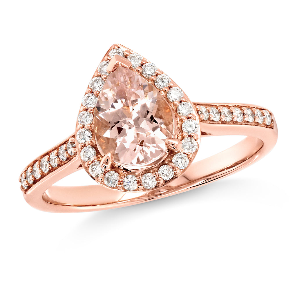 18ct Rose Gold Pear Shaped Morganite & Diamond Halo Ring TDW