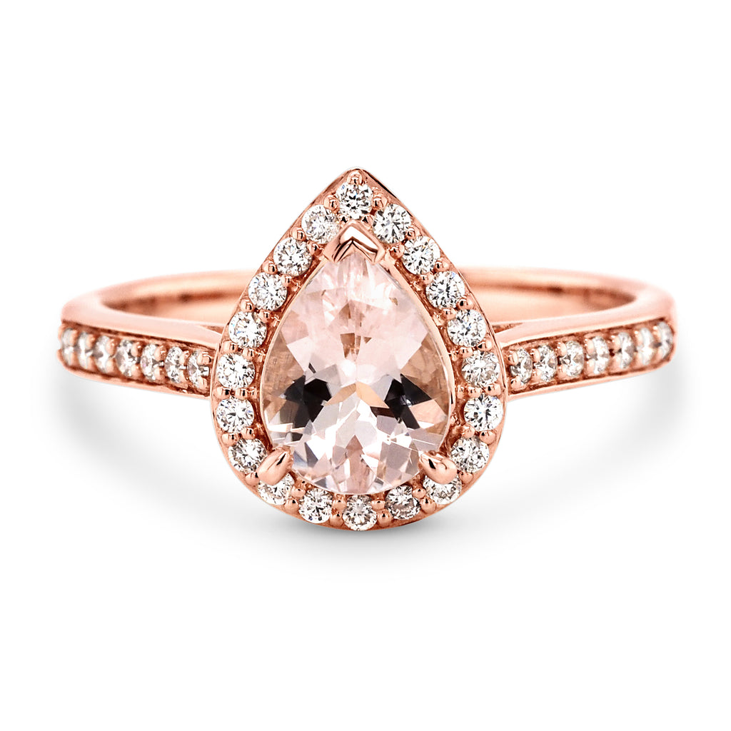 18ct Rose Gold Pear Shaped Morganite & Diamond Halo Ring TDW