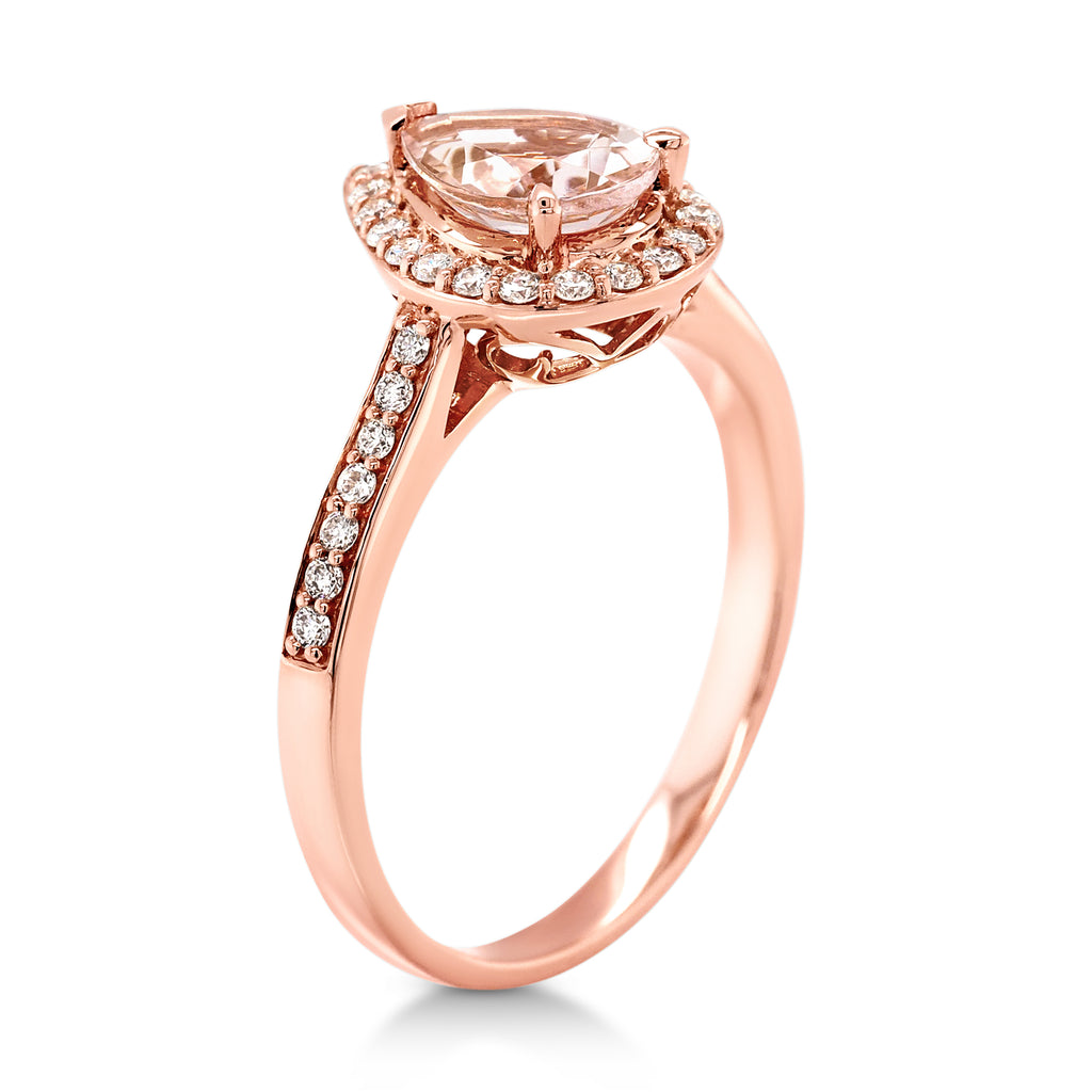 18ct Rose Gold Pear Shaped Morganite & Diamond Halo Ring TDW