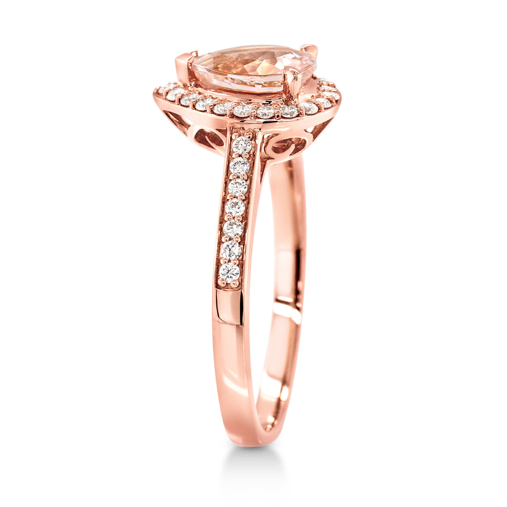 18ct Rose Gold Pear Shaped Morganite & Diamond Halo Ring TDW