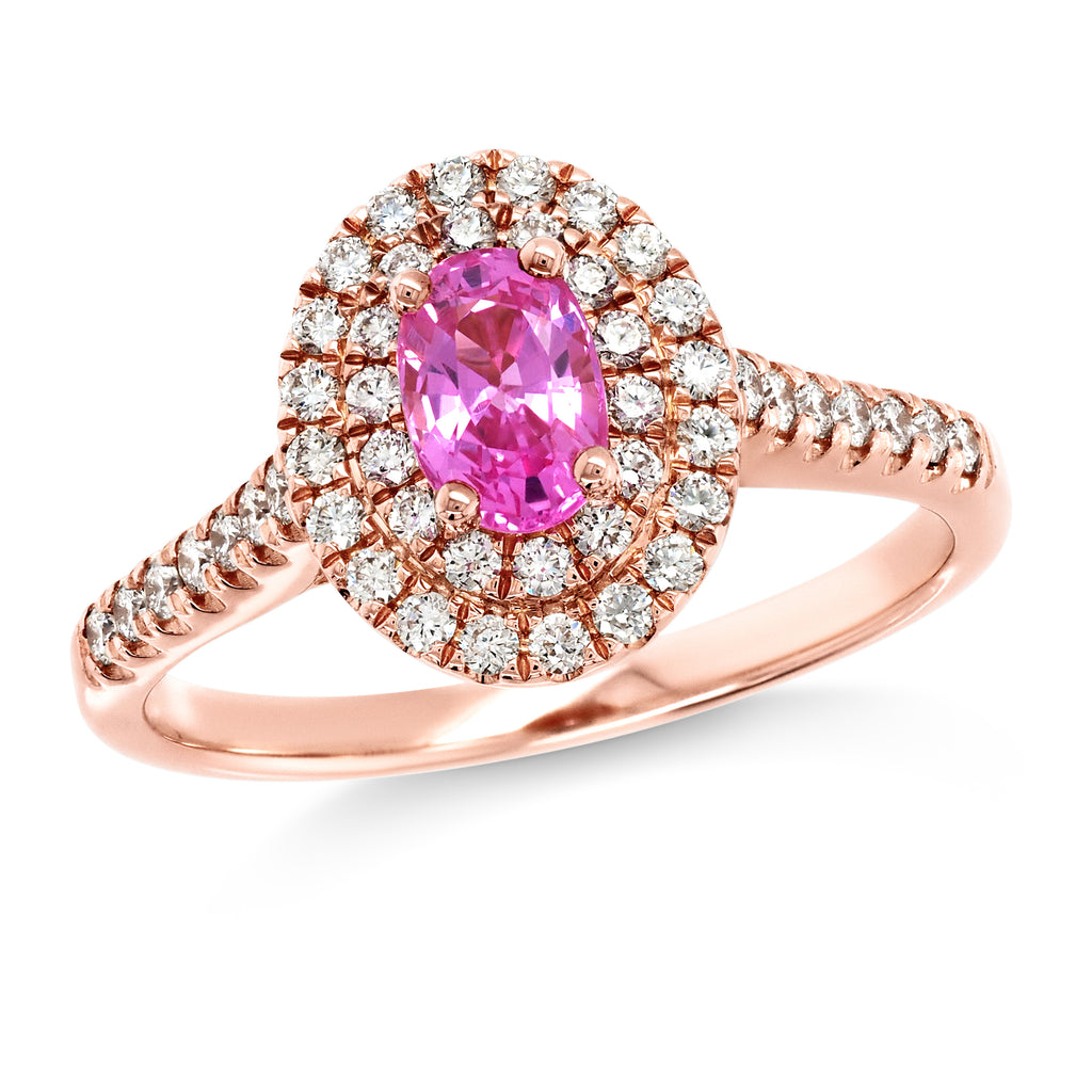 18ct Rose Gold Oval Pink Sapphire & Diamond Halo Ring TDW 0.