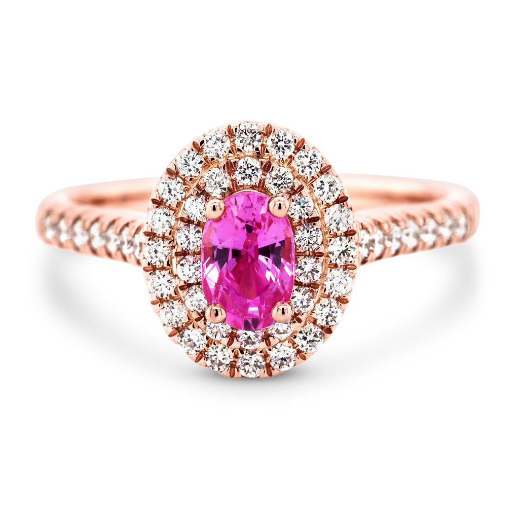 18ct Rose Gold Oval Pink Sapphire & Diamond Halo Ring TDW 0.