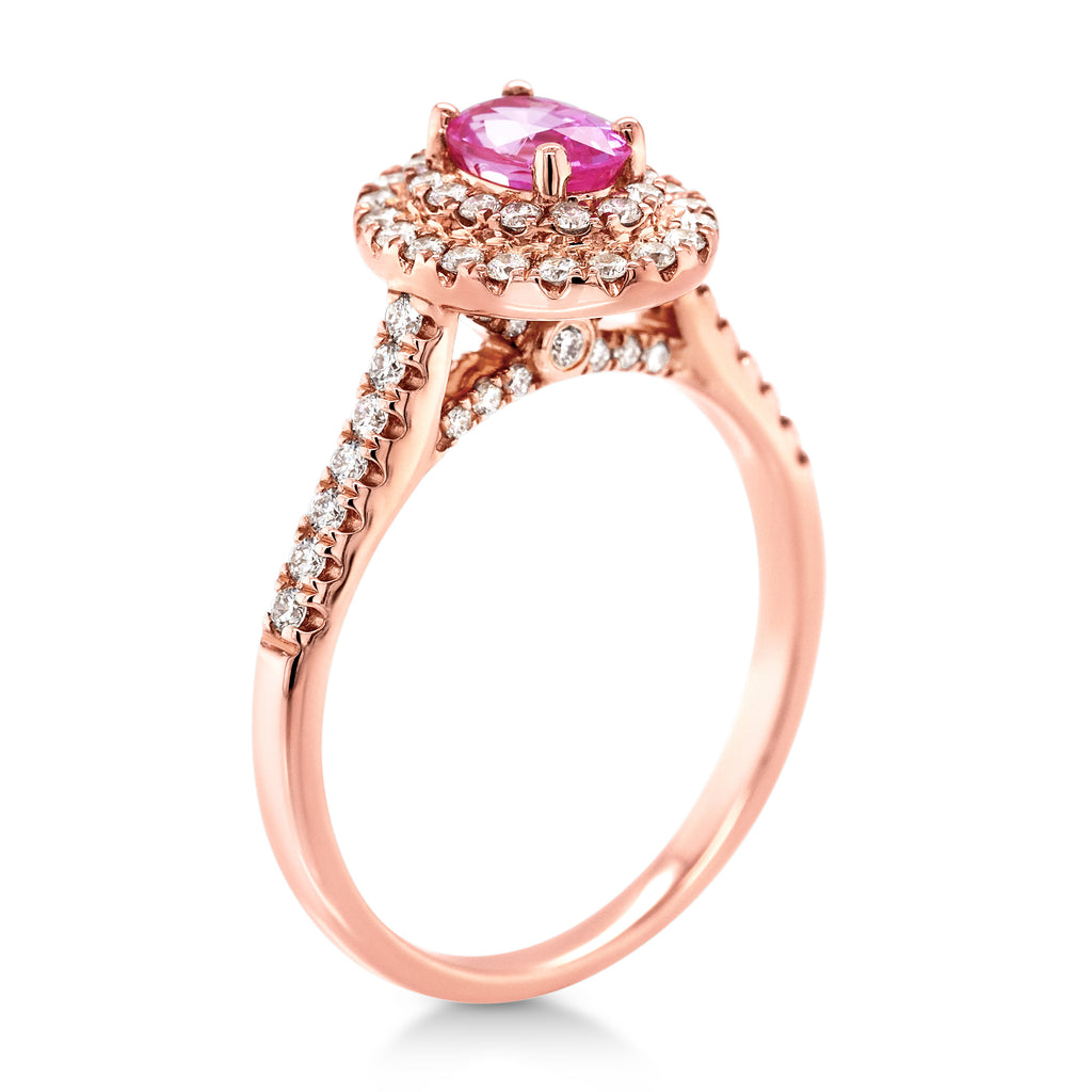 18ct Rose Gold Oval Pink Sapphire & Diamond Halo Ring TDW 0.