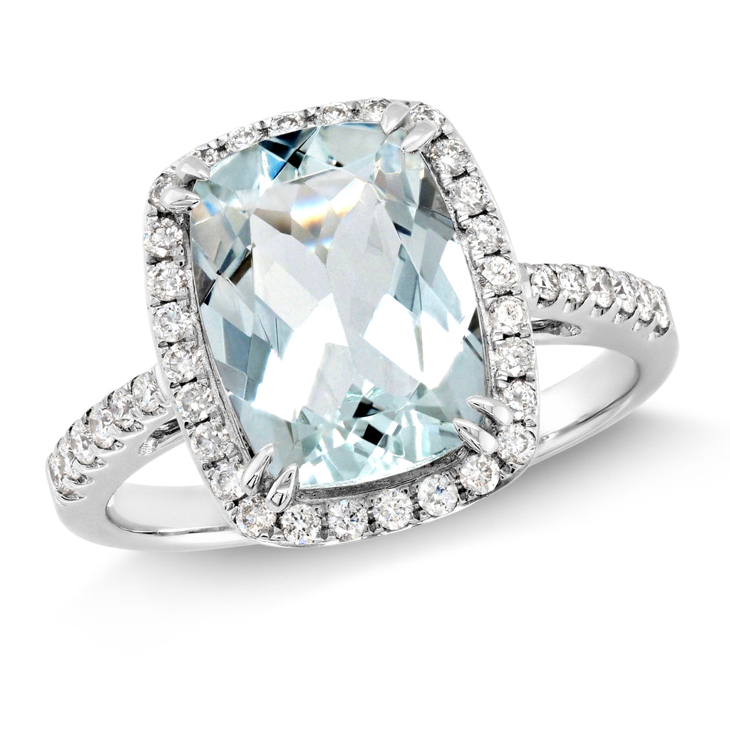 18ct White Gold Cushion Cut Aquamarine & Diamond Halo Ring T