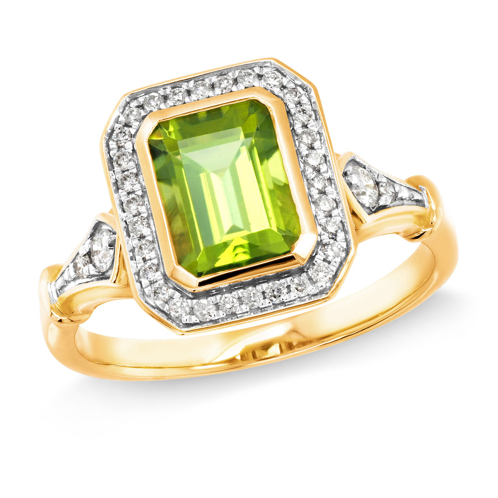 18ct Yellow Gold Emerald Cut Peridot & Diamond Halo Ring TDW