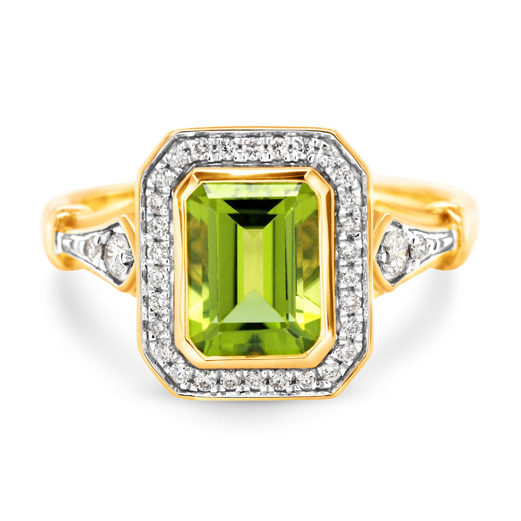 18ct Yellow Gold Emerald Cut Peridot & Diamond Halo Ring TDW