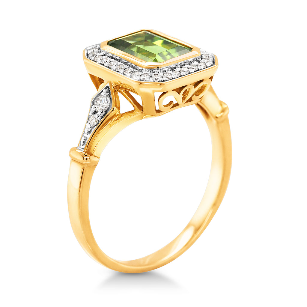 18ct Yellow Gold Emerald Cut Peridot & Diamond Halo Ring TDW