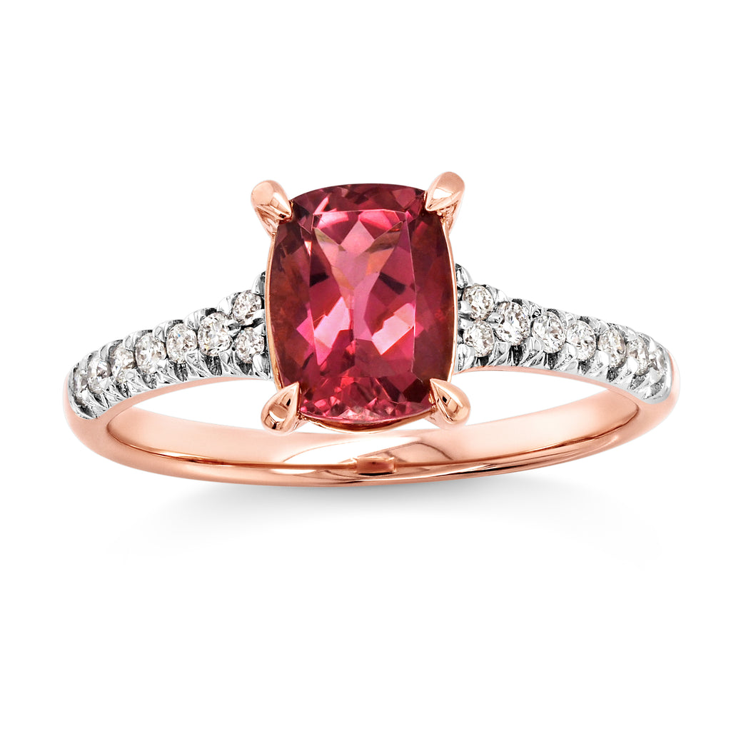 18ct Rose Gold Cushion Cut Pink Tourmaline & Diamond Ring TD